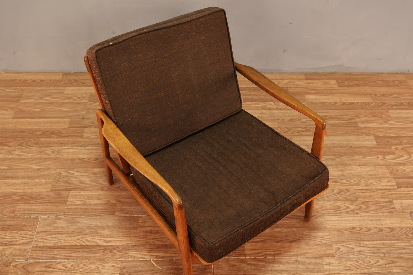 Classic Mid Century Walnut & Stripe Lounge Chair - ONLINE ONLY