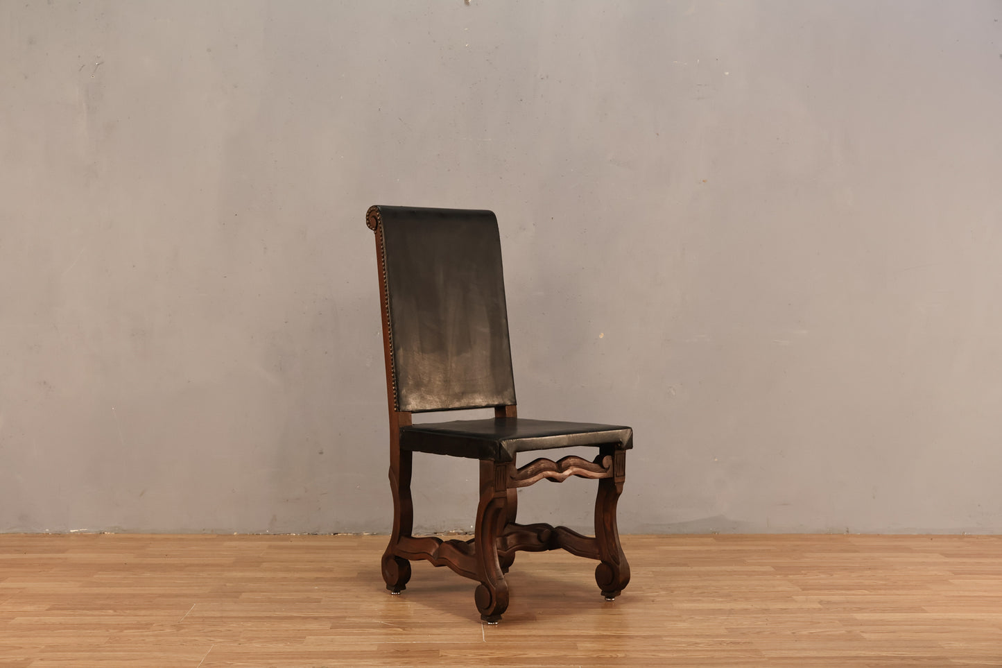 Carved Wood & Leather Side Chair