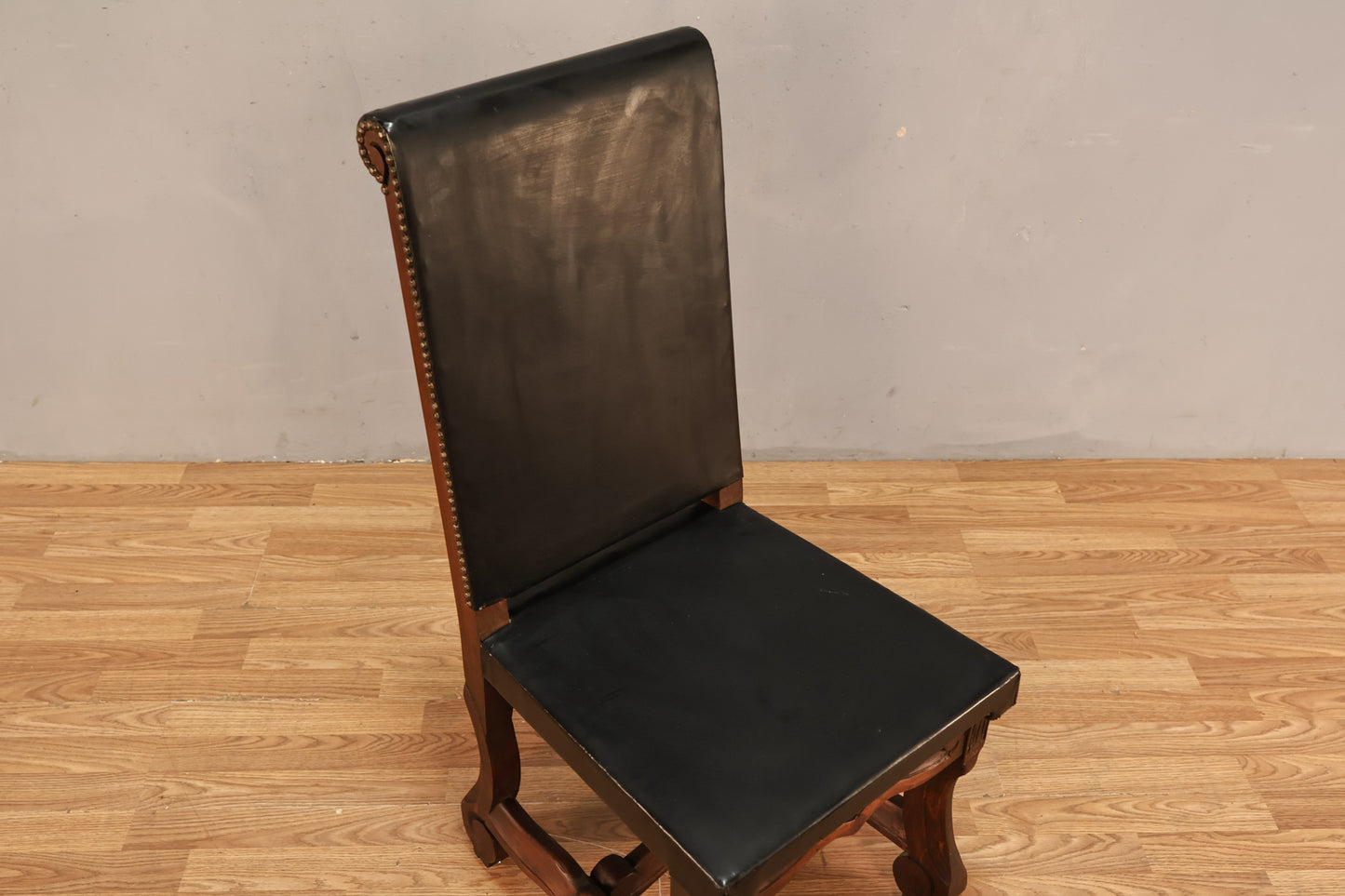 Carved Wood & Leather Side Chair