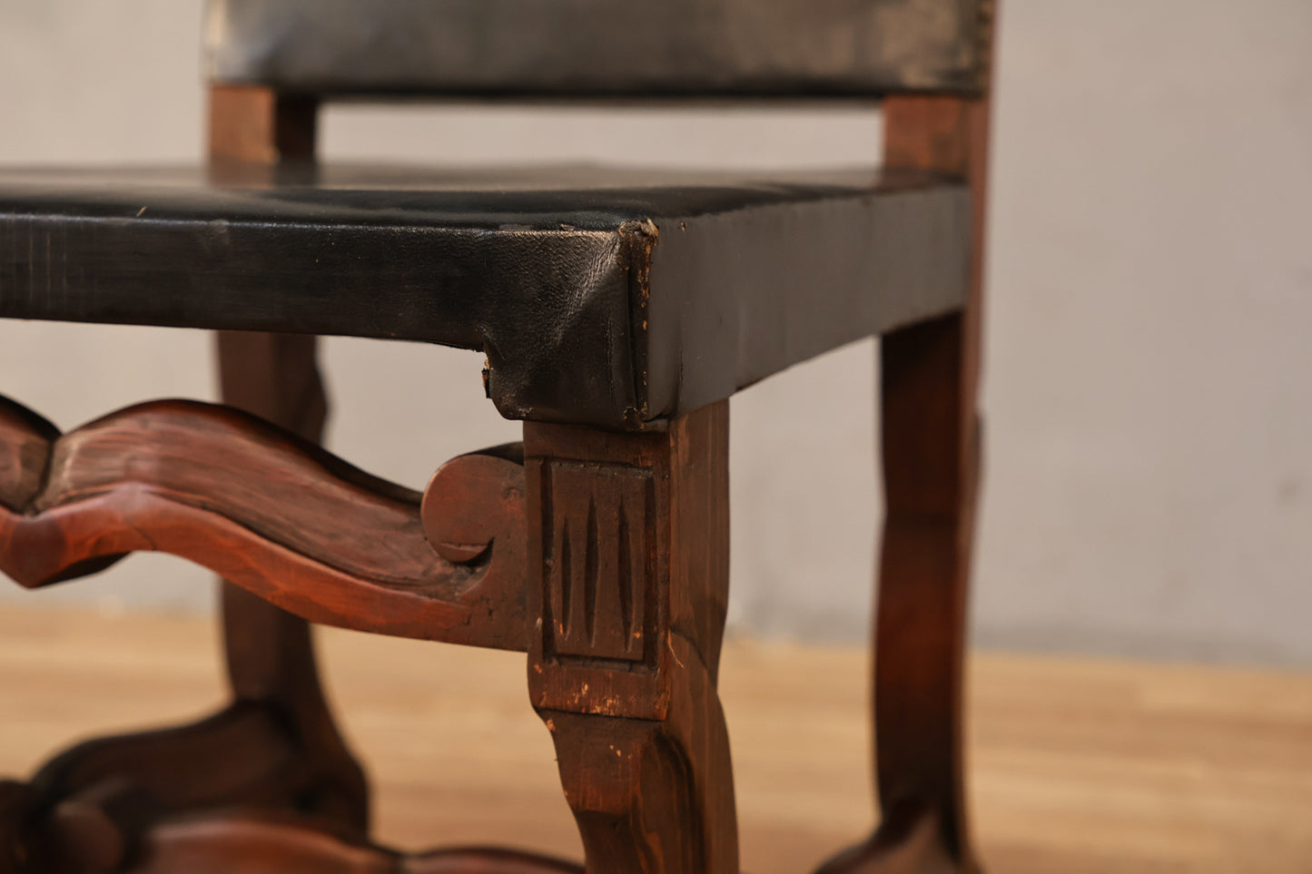 Carved Wood & Leather Side Chair