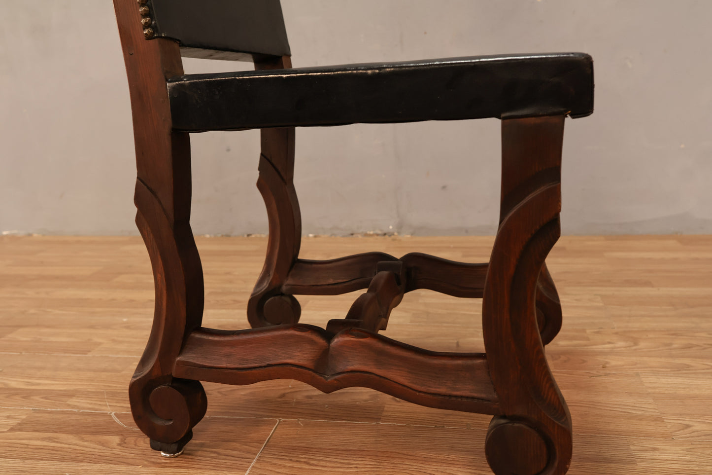 Carved Wood & Leather Side Chair
