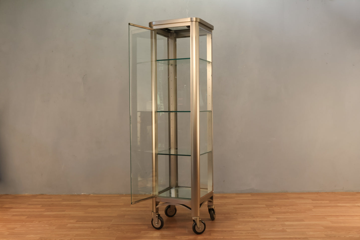Industrial Brushed Nickel & Glass Display Cabinet