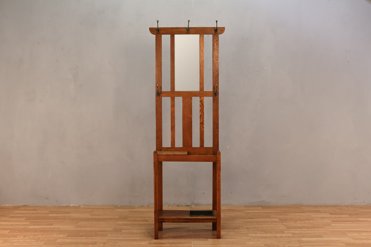 Slim Antique Oak Mirrored Hall Tree