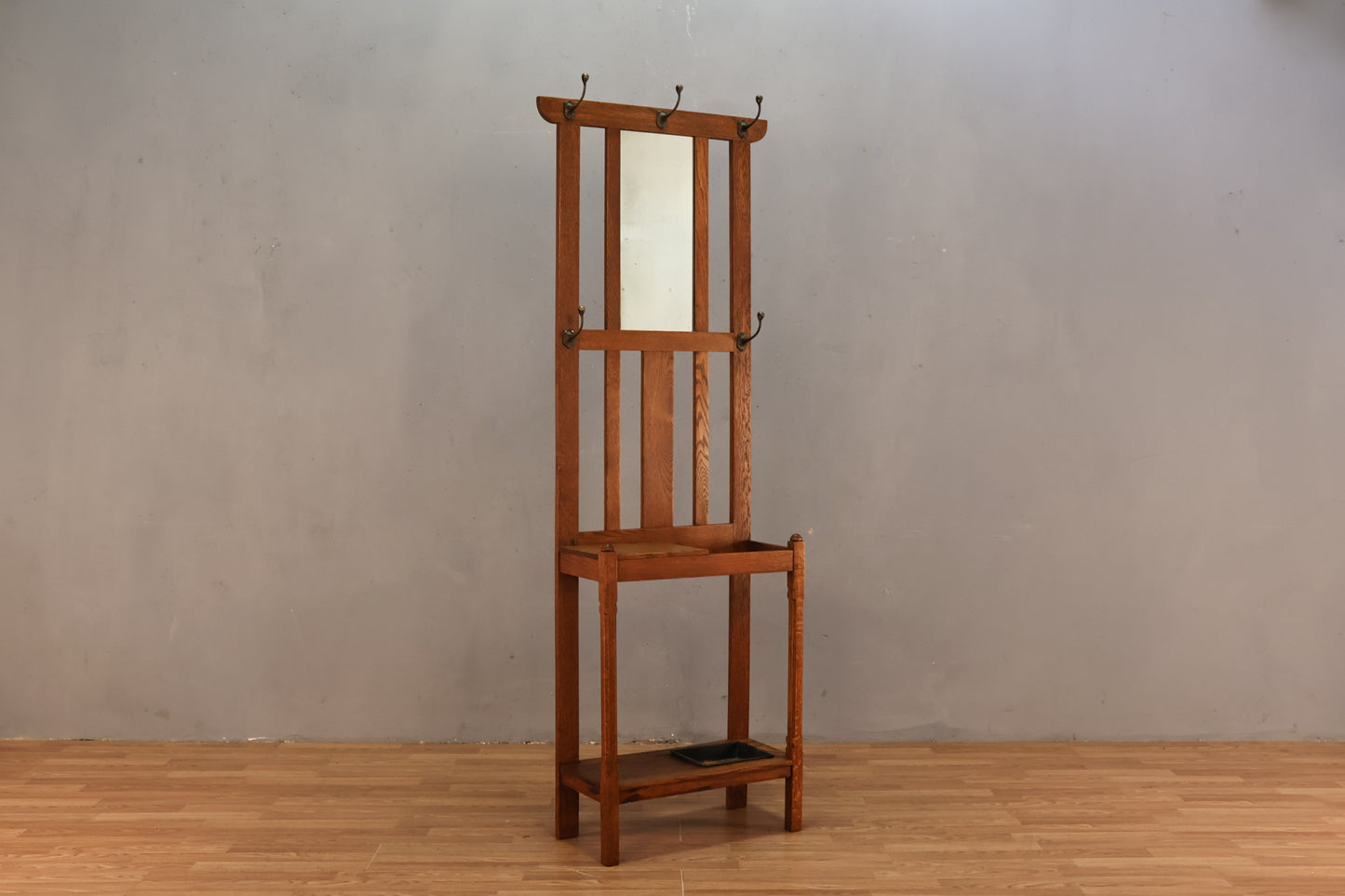 Slim Antique Oak Mirrored Hall Tree