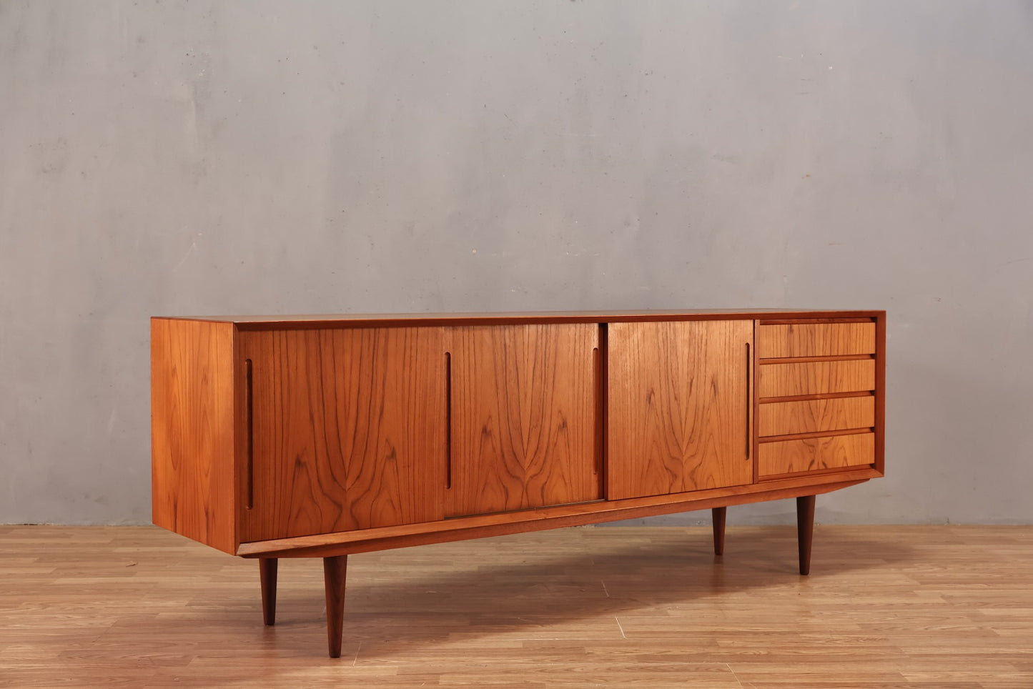Danish Teak 4-Drawer Sliding Doors Credenza