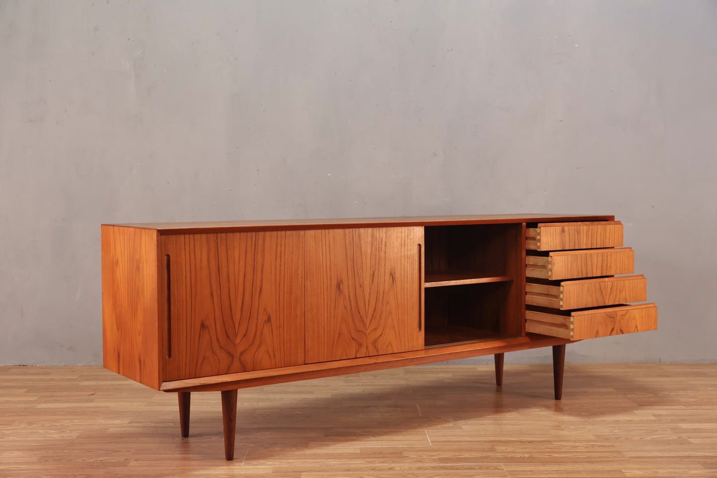 Danish Teak 4-Drawer Sliding Doors Credenza
