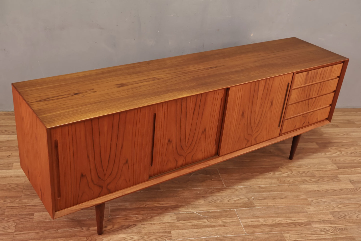 Danish Teak 4-Drawer Sliding Doors Credenza