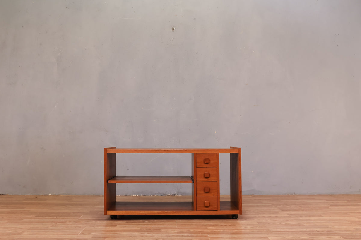 Compact Teak 4-Drawer Media Cart