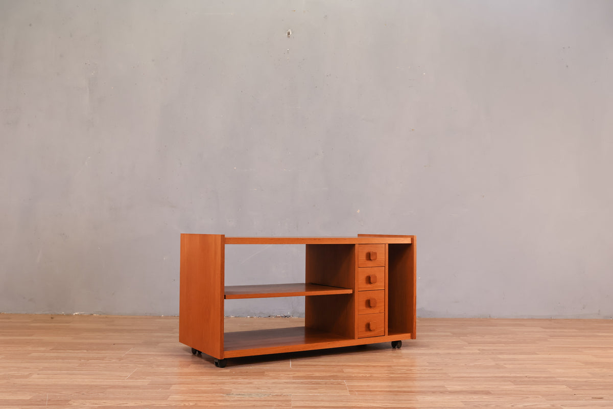 Compact Teak 4-Drawer Media Cart