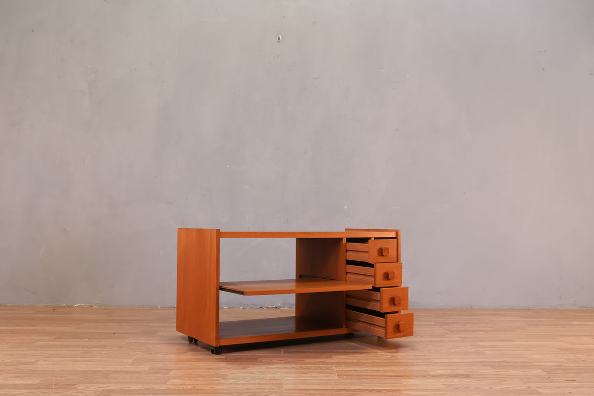Compact Teak 4-Drawer Media Cart