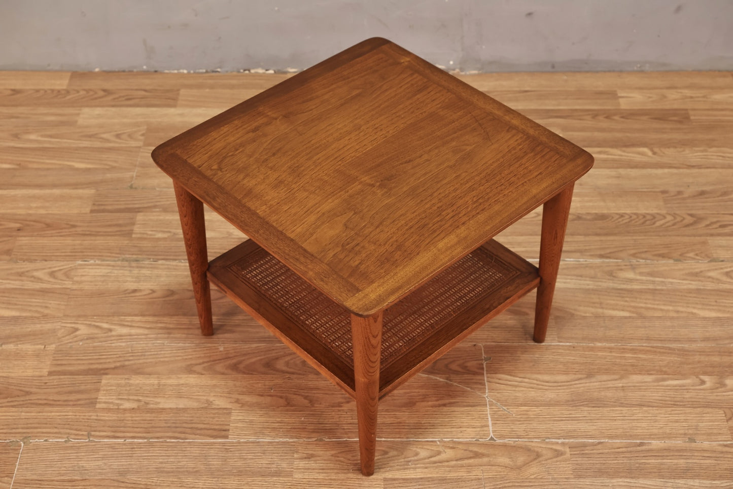 Lane Walnut & Cane 2-Tier Side Table