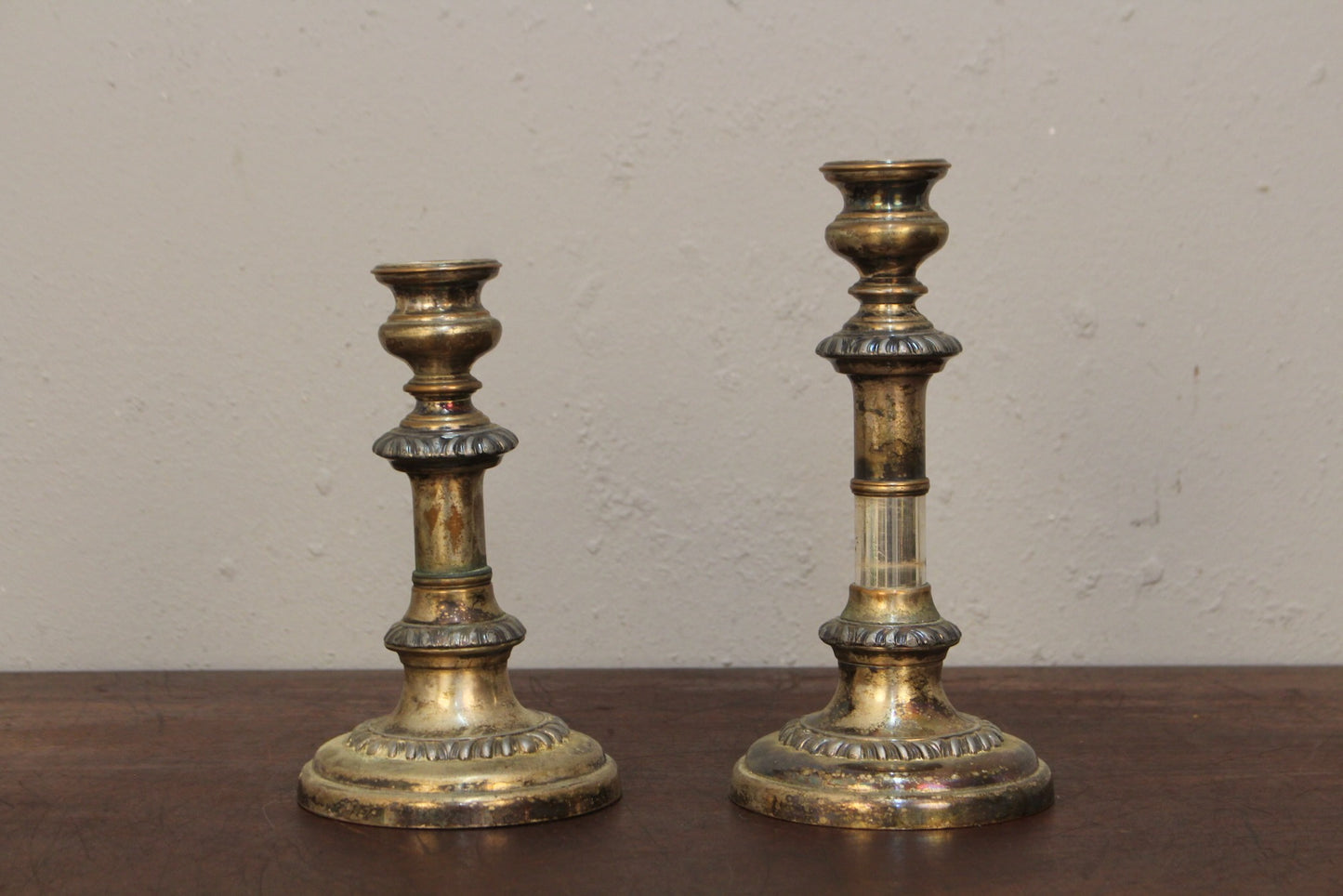 Pair of Distressed Silver-Plate Candlesticks