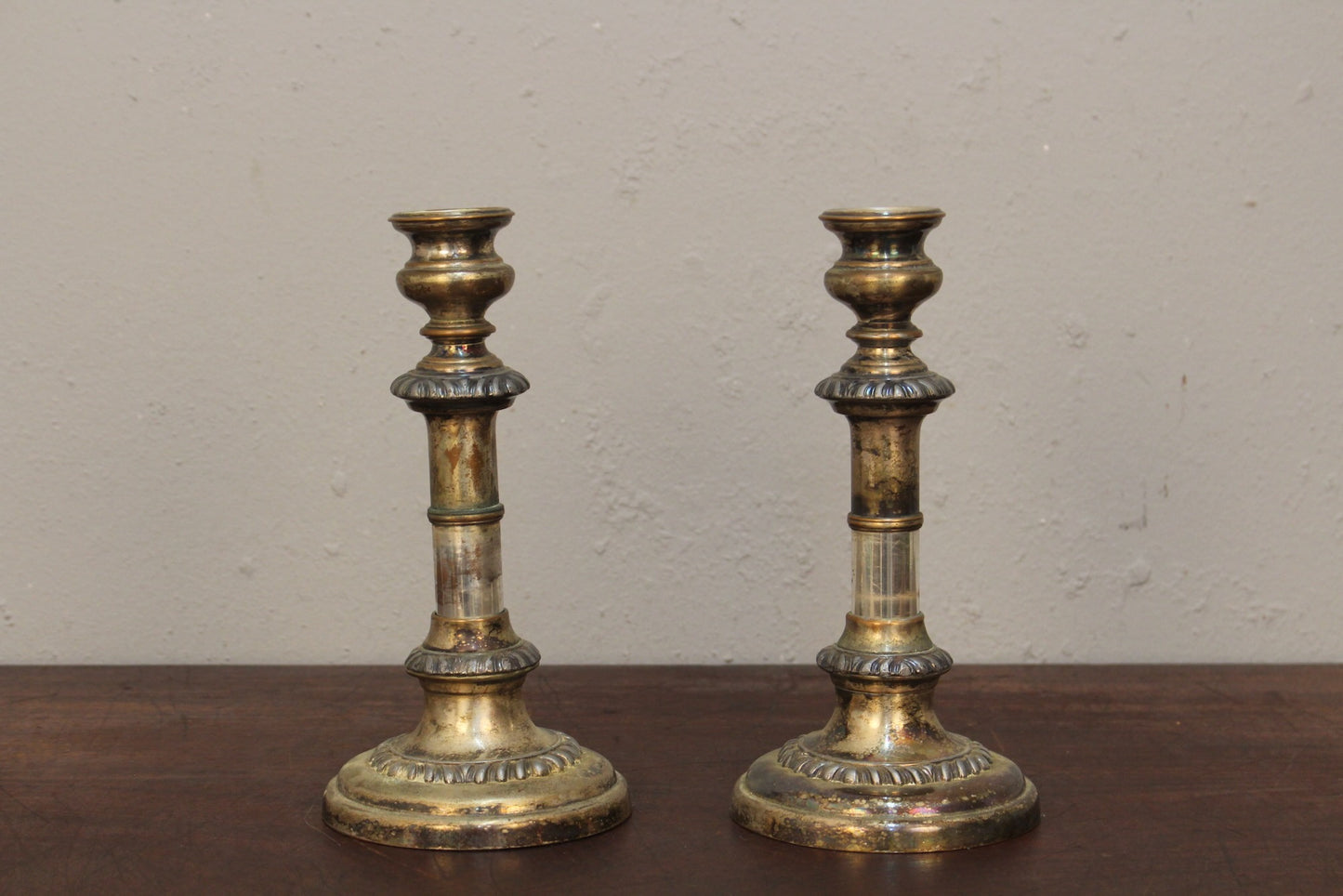 Pair of Distressed Silver-Plate Candlesticks