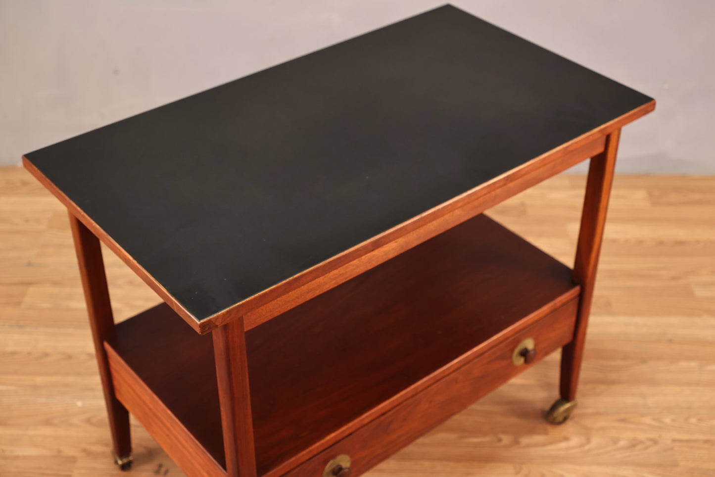 Luxe Teak & Black Laminate 1-Drawer Bar Cart