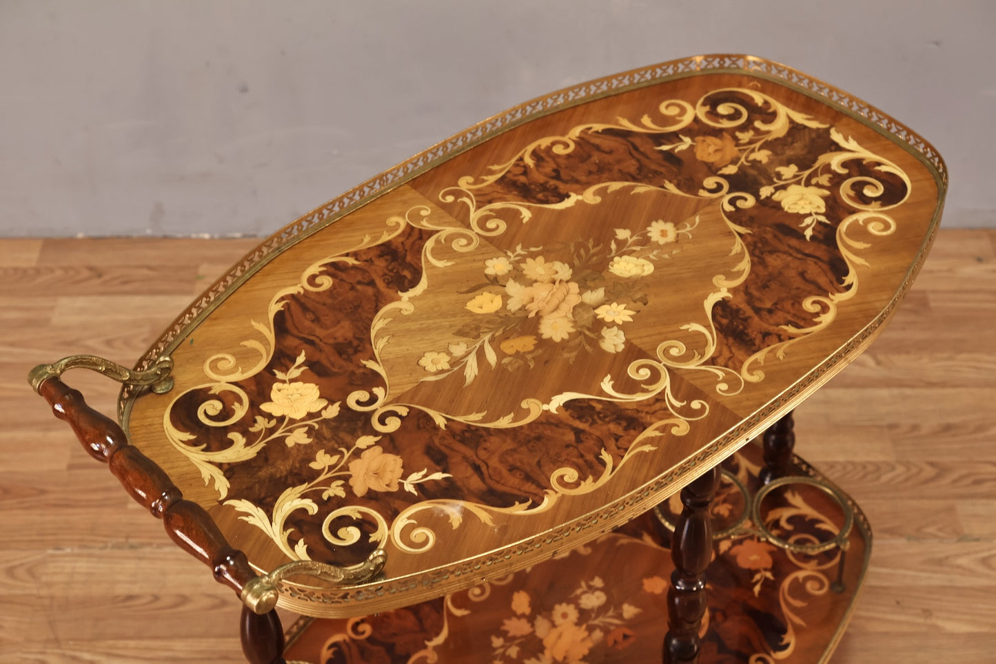 Italian Marquetry Inlaid 2-Tier Bar Cart - ONLINE ONLY