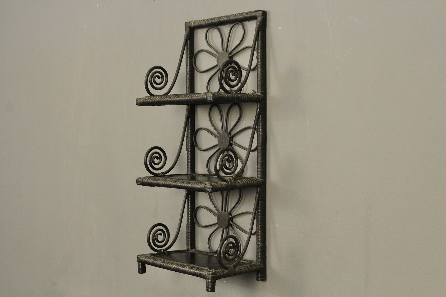 Black Daisy Rattan 3-Tier Wall Shelf