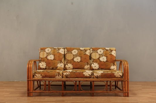 1970s Rattan & Brown Floral Sofa - ONLINE ONLY