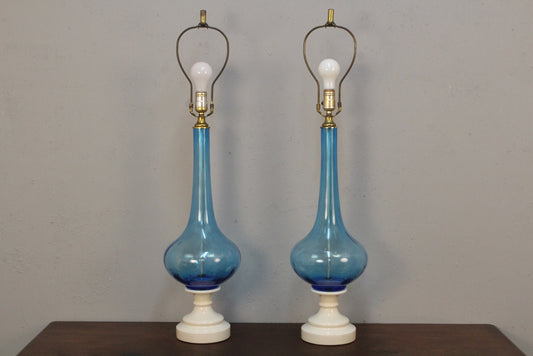 Pair of Tall Blue Glass Table Lamps