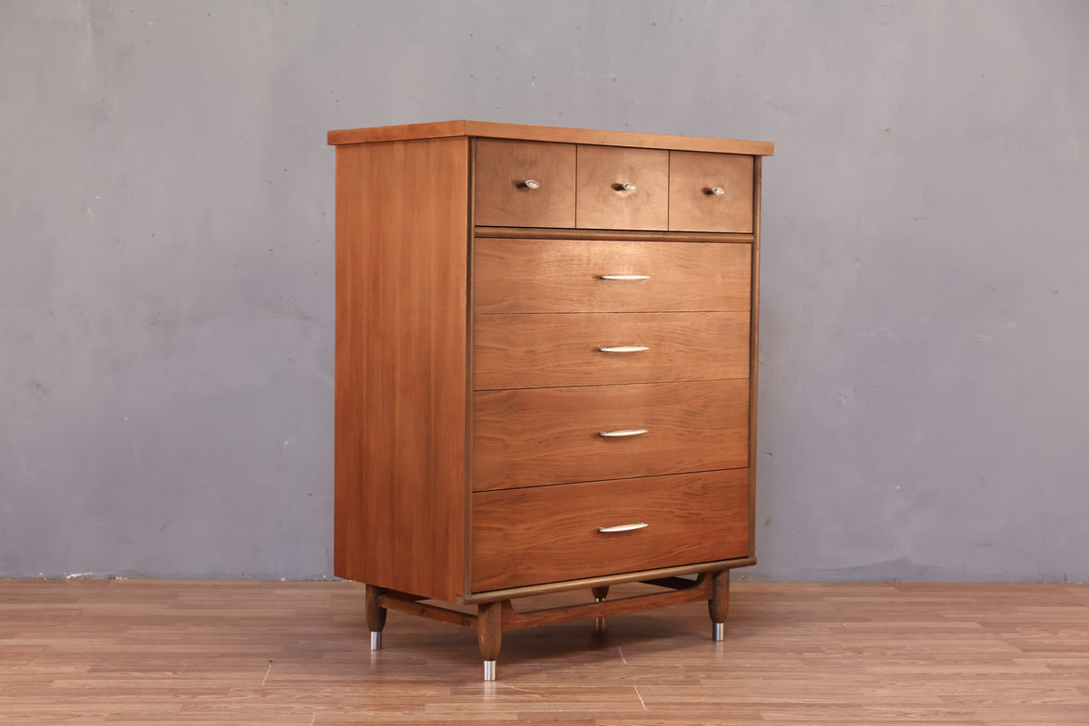 Mid Century Walnut 4-Drawer Highboy Dresser