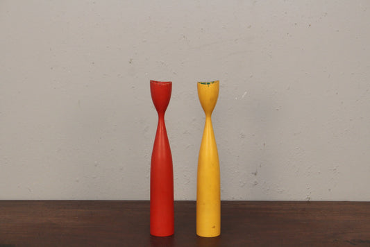 Pair of Danish Red & Yellow Wooden Candlesticks