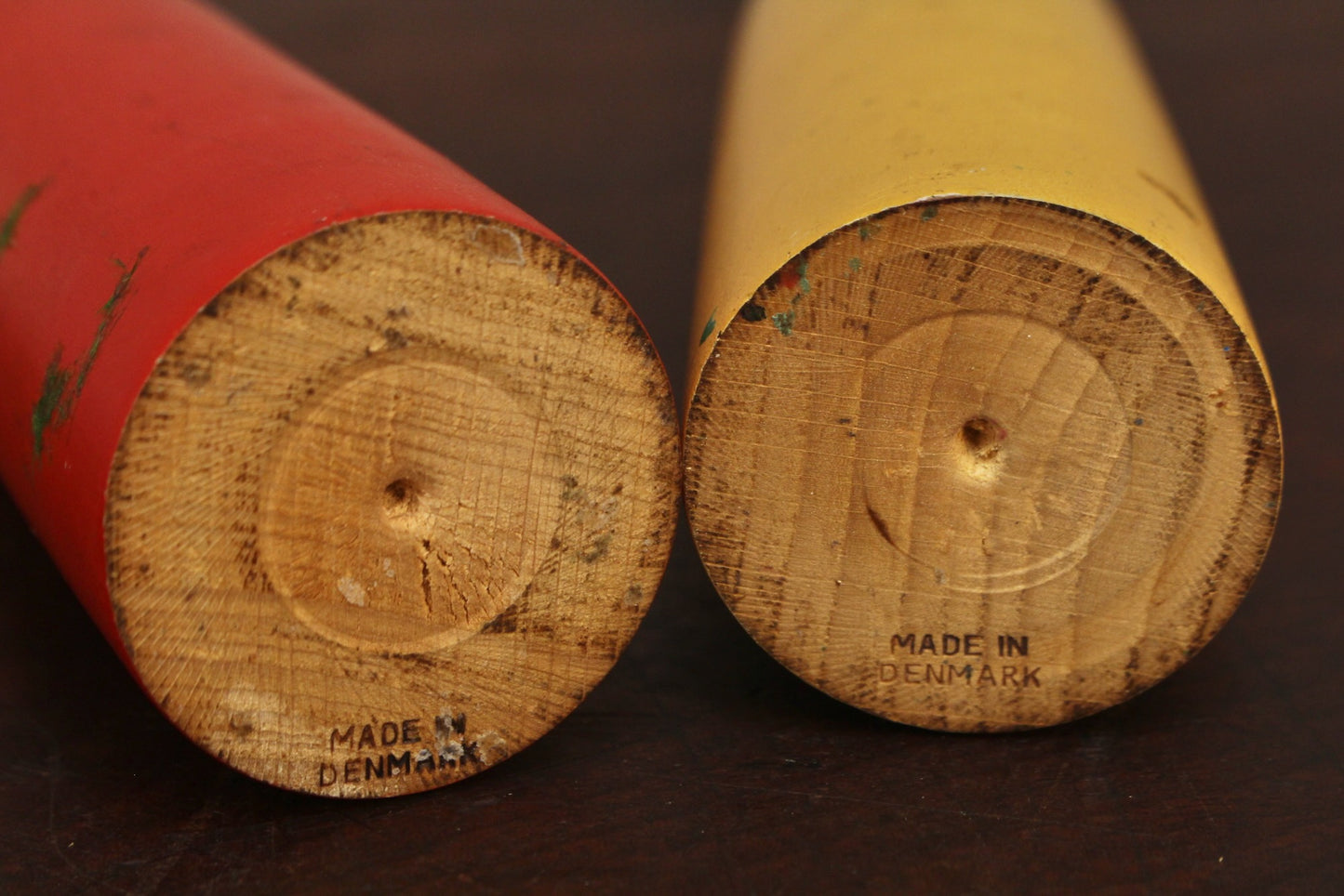 Pair of Danish Red & Yellow Wooden Candlesticks