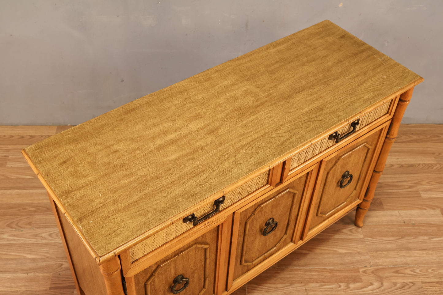 Compact Broyhill Faux Bamboo & Cane Credenza