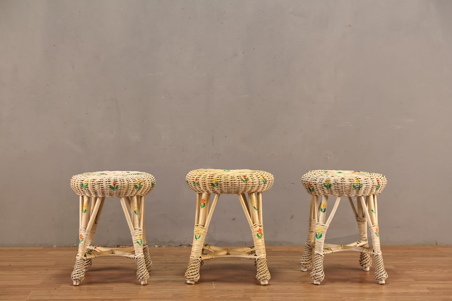 Floral White Wicker Stool