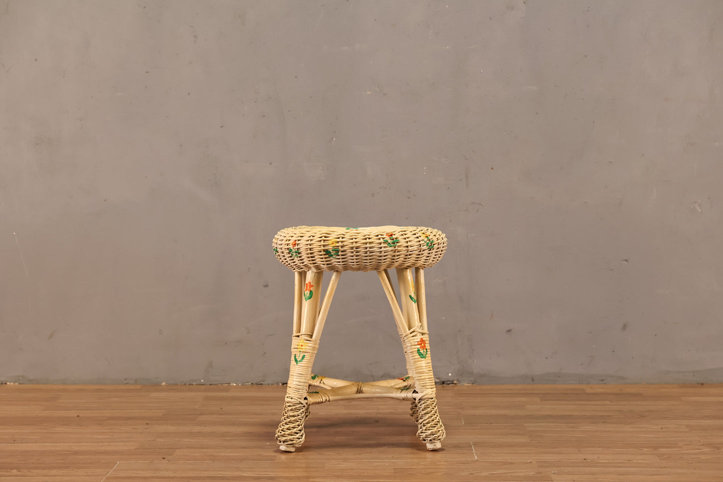 Floral White Wicker Stool