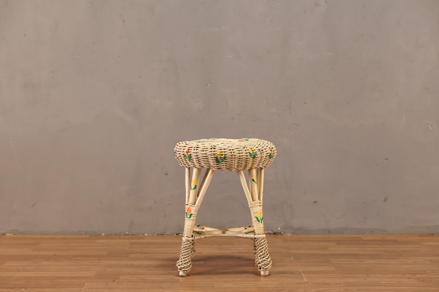 Floral White Wicker Stool