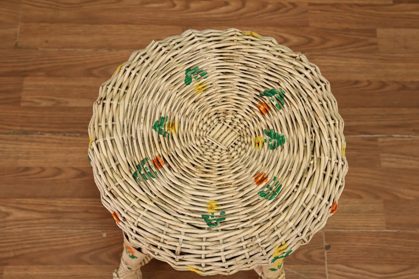 Floral White Wicker Stool