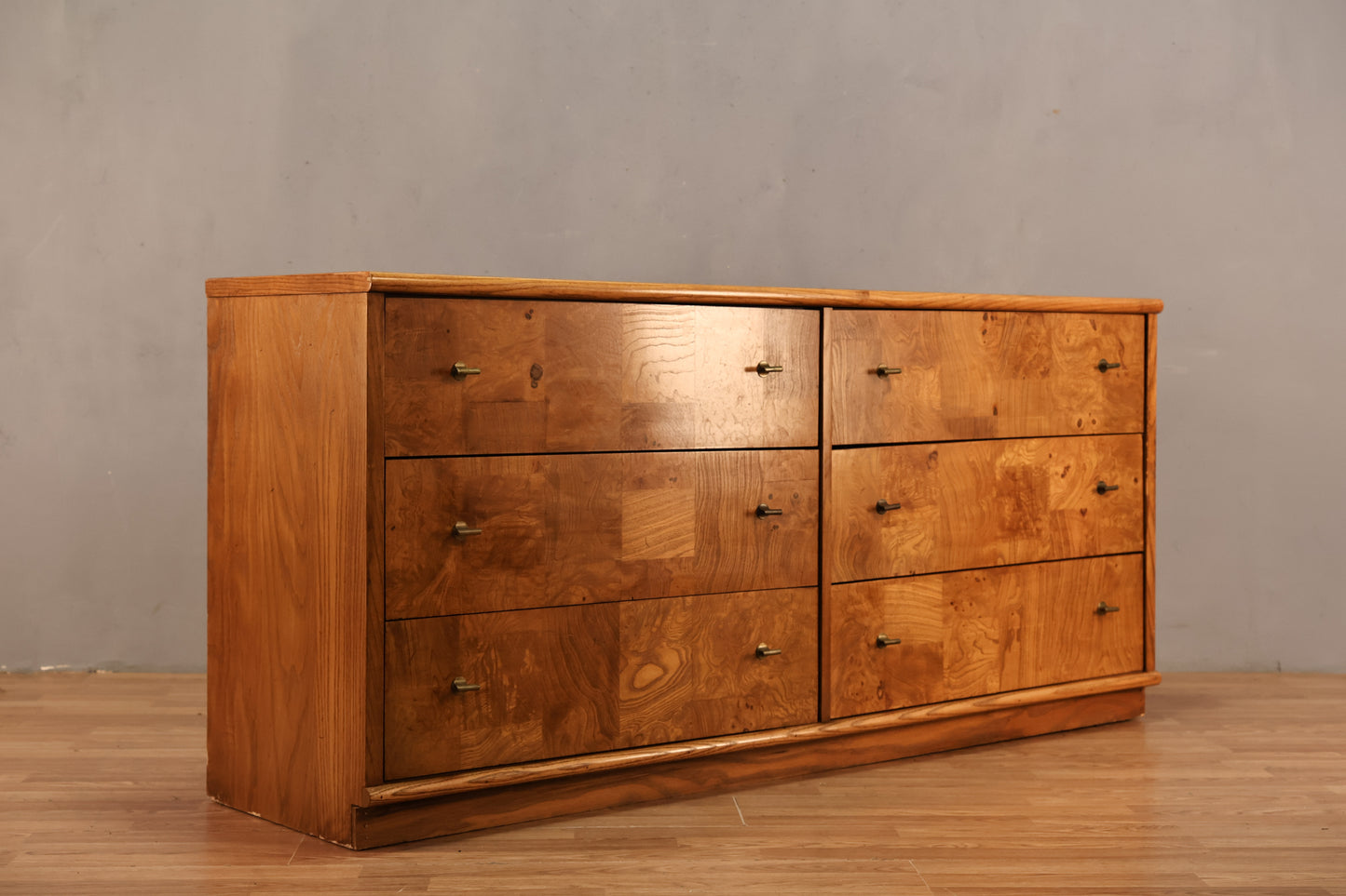 Mid Century Burl 6-Drawer Dresser