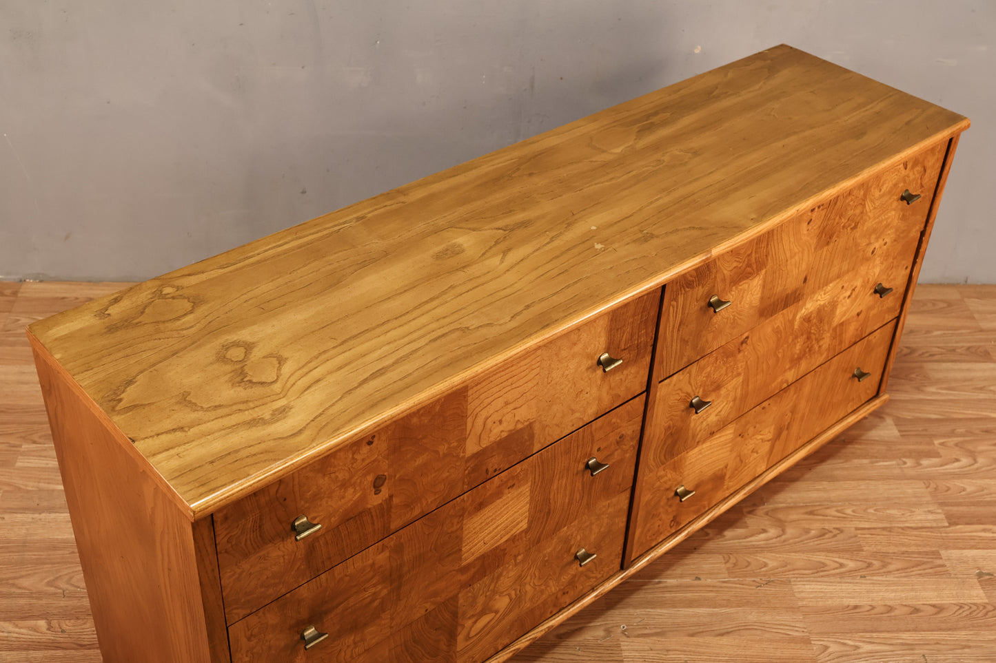 Mid Century Burl 6-Drawer Dresser