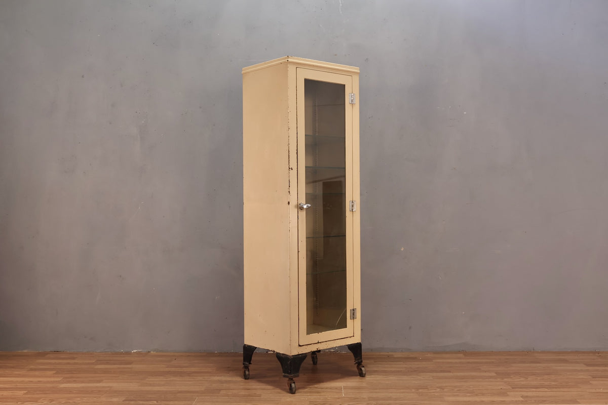 Antique Slim Steel & Glass Medical Cabinet