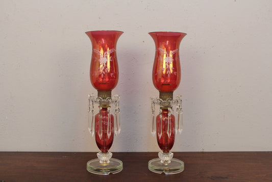 Pair of Cranberry Etched Hurricane Lamps
