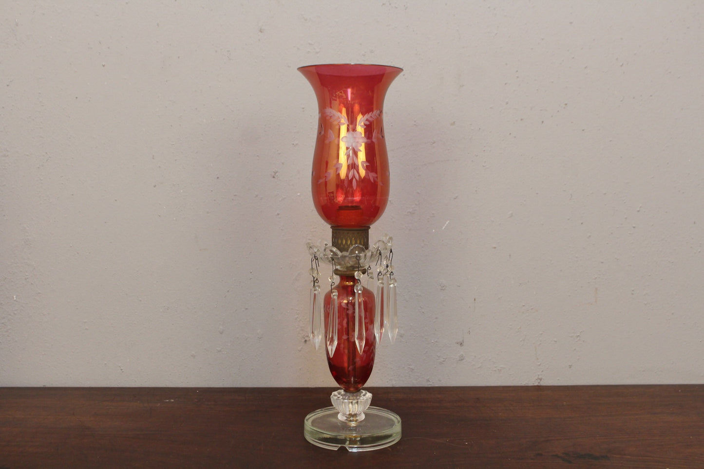 Pair of Cranberry Etched Hurricane Lamps