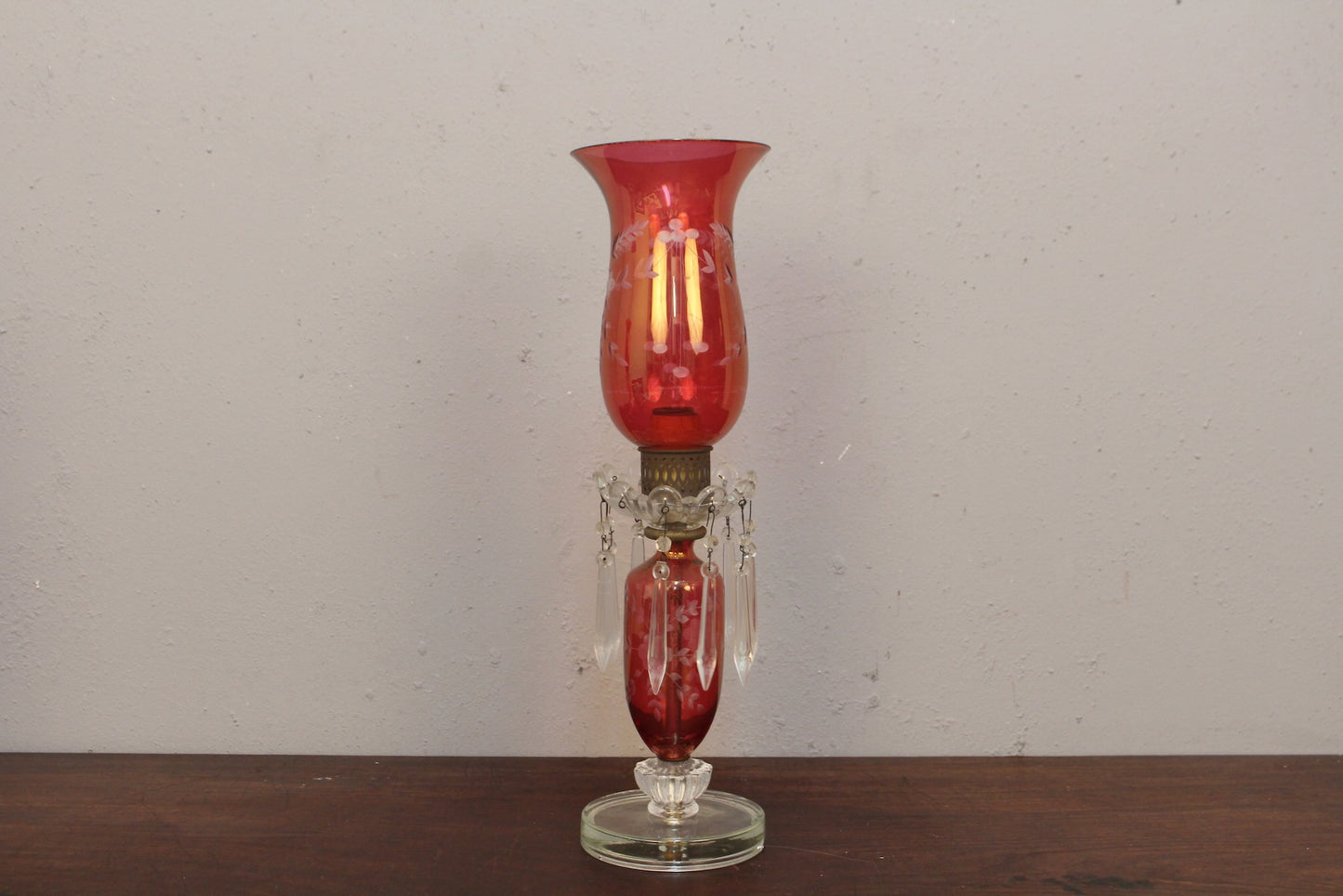 Pair of Cranberry Etched Hurricane Lamps