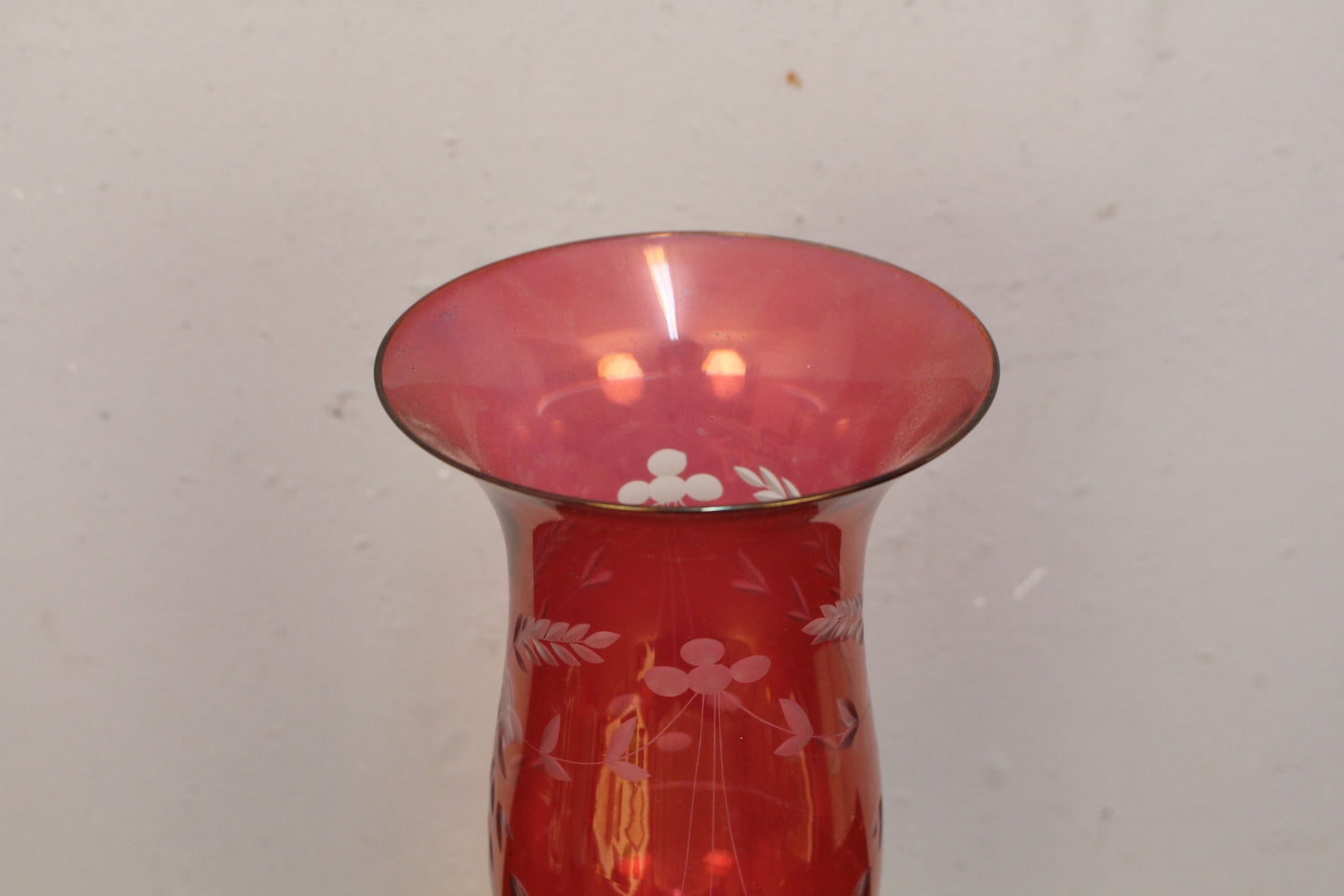Pair of Cranberry Etched Hurricane Lamps