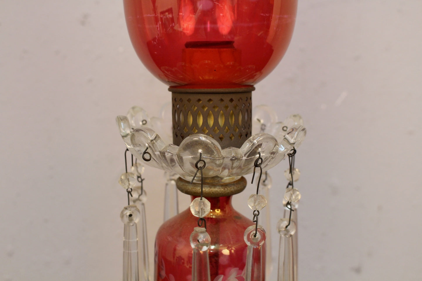 Pair of Cranberry Etched Hurricane Lamps