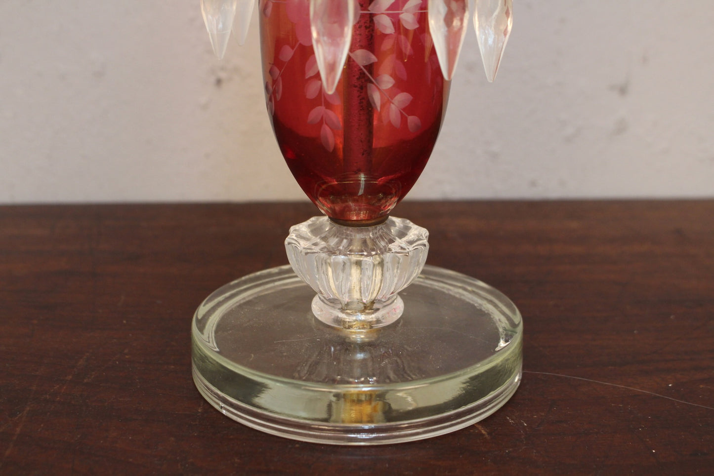 Pair of Cranberry Etched Hurricane Lamps