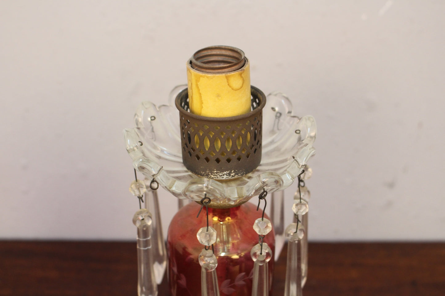 Pair of Cranberry Etched Hurricane Lamps