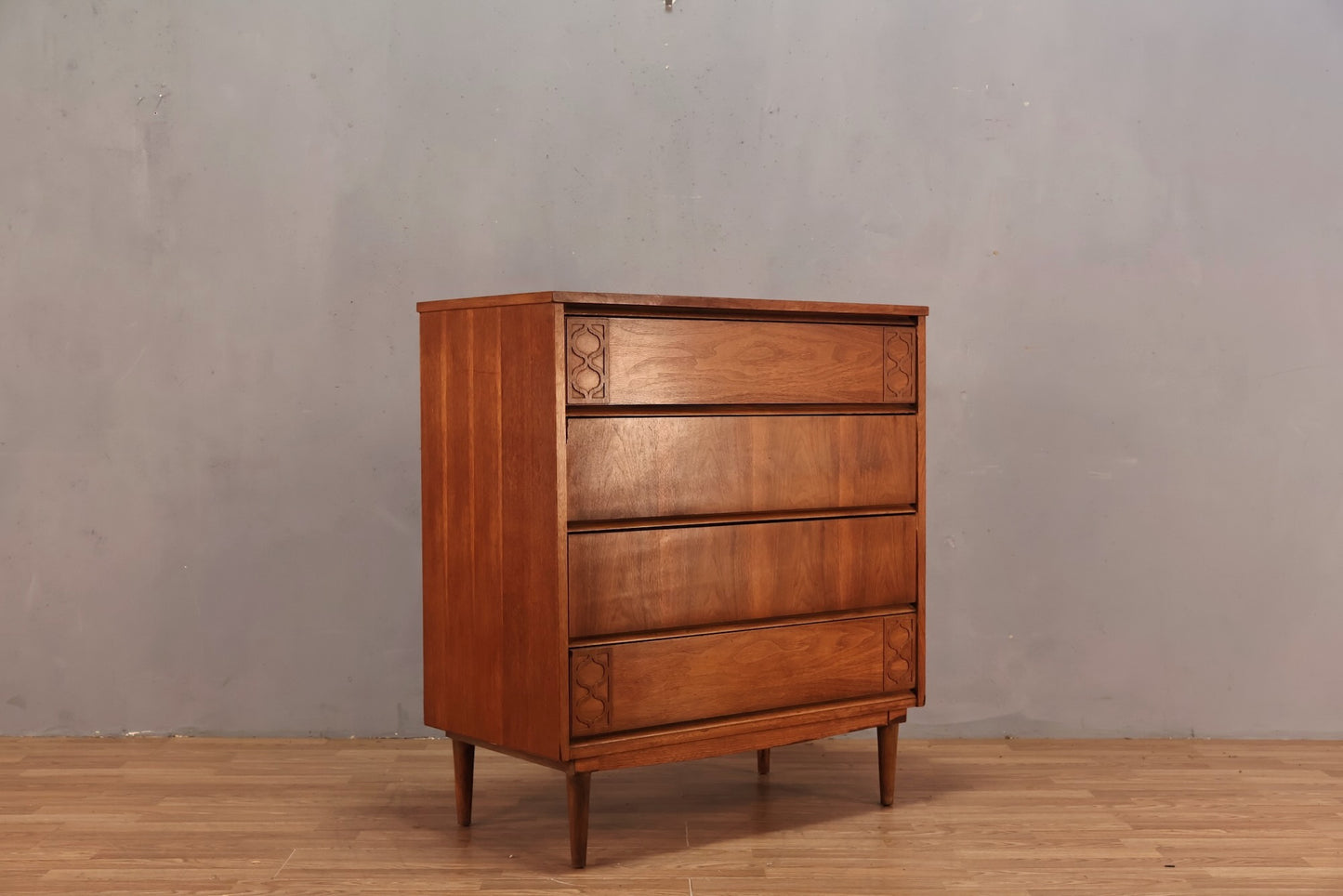 Mid Century Carved Walnut 4-Drawer Highboy - ONLINE ONLY
