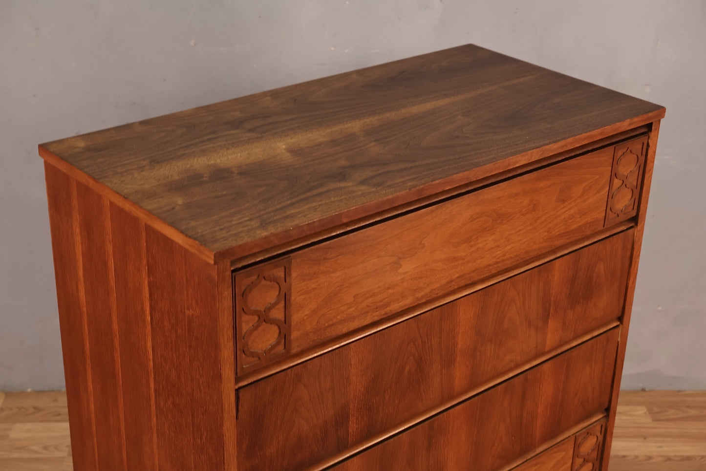 Mid Century Carved Walnut 4-Drawer Highboy - ONLINE ONLY