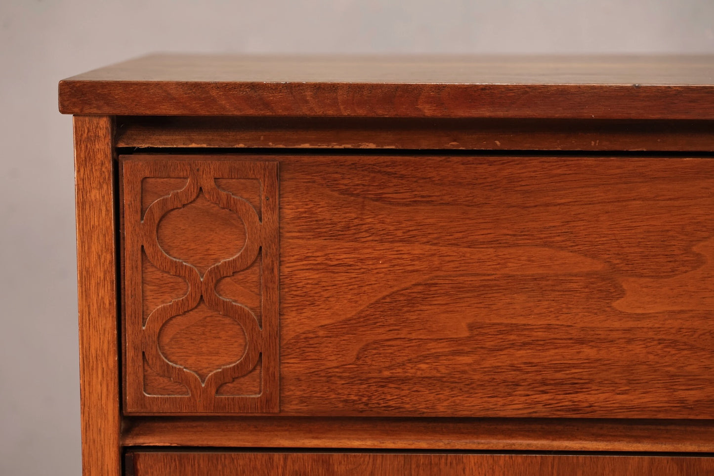 Mid Century Carved Walnut 4-Drawer Highboy - ONLINE ONLY