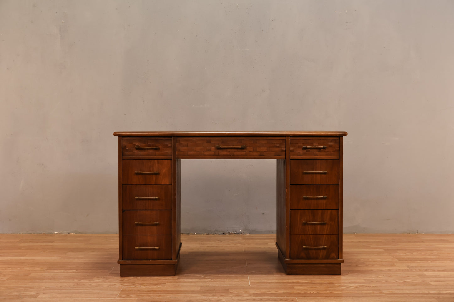 Mid Century Walnut & Lattice 9-Drawer Desk