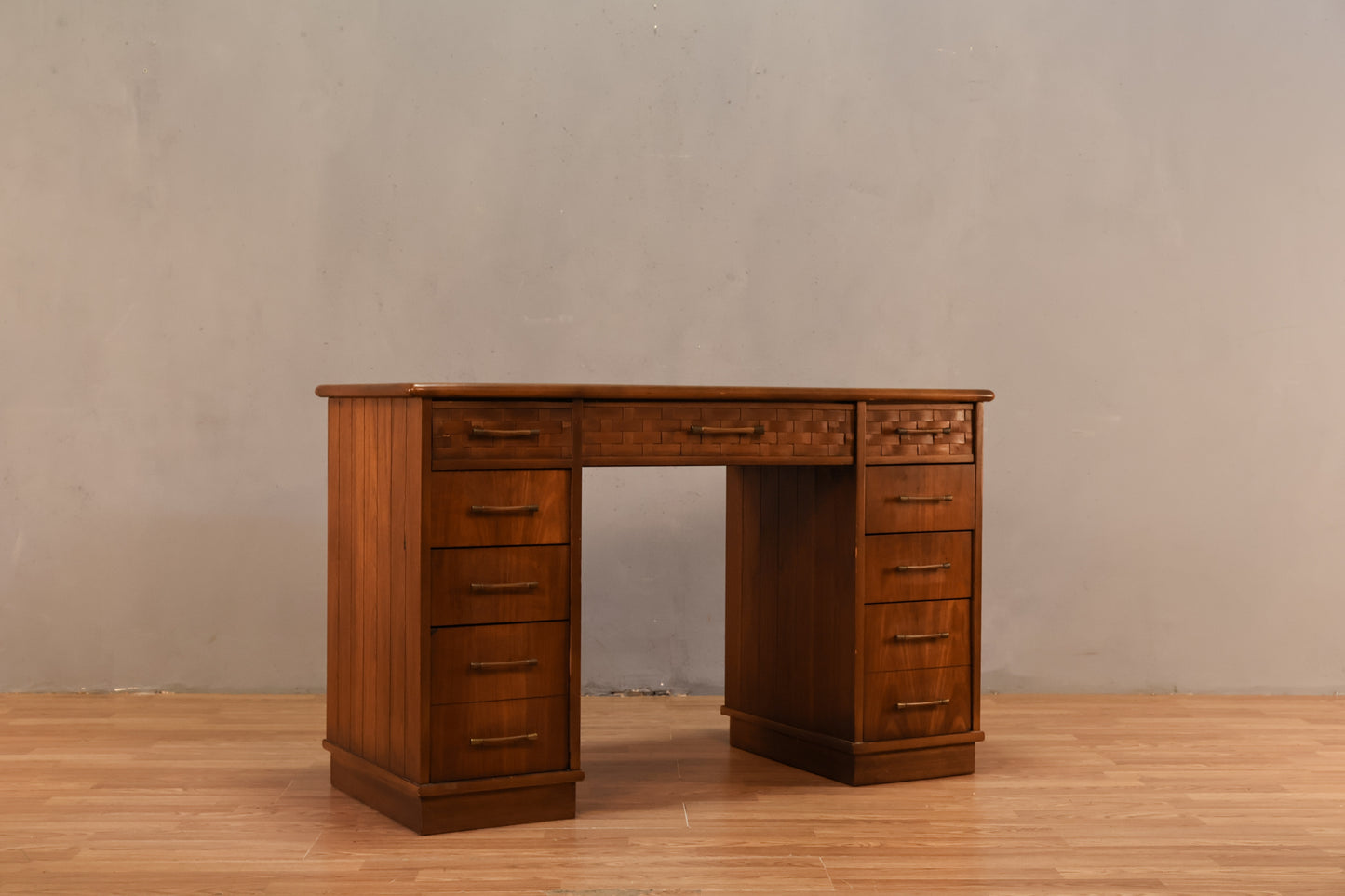 Mid Century Walnut & Lattice 9-Drawer Desk