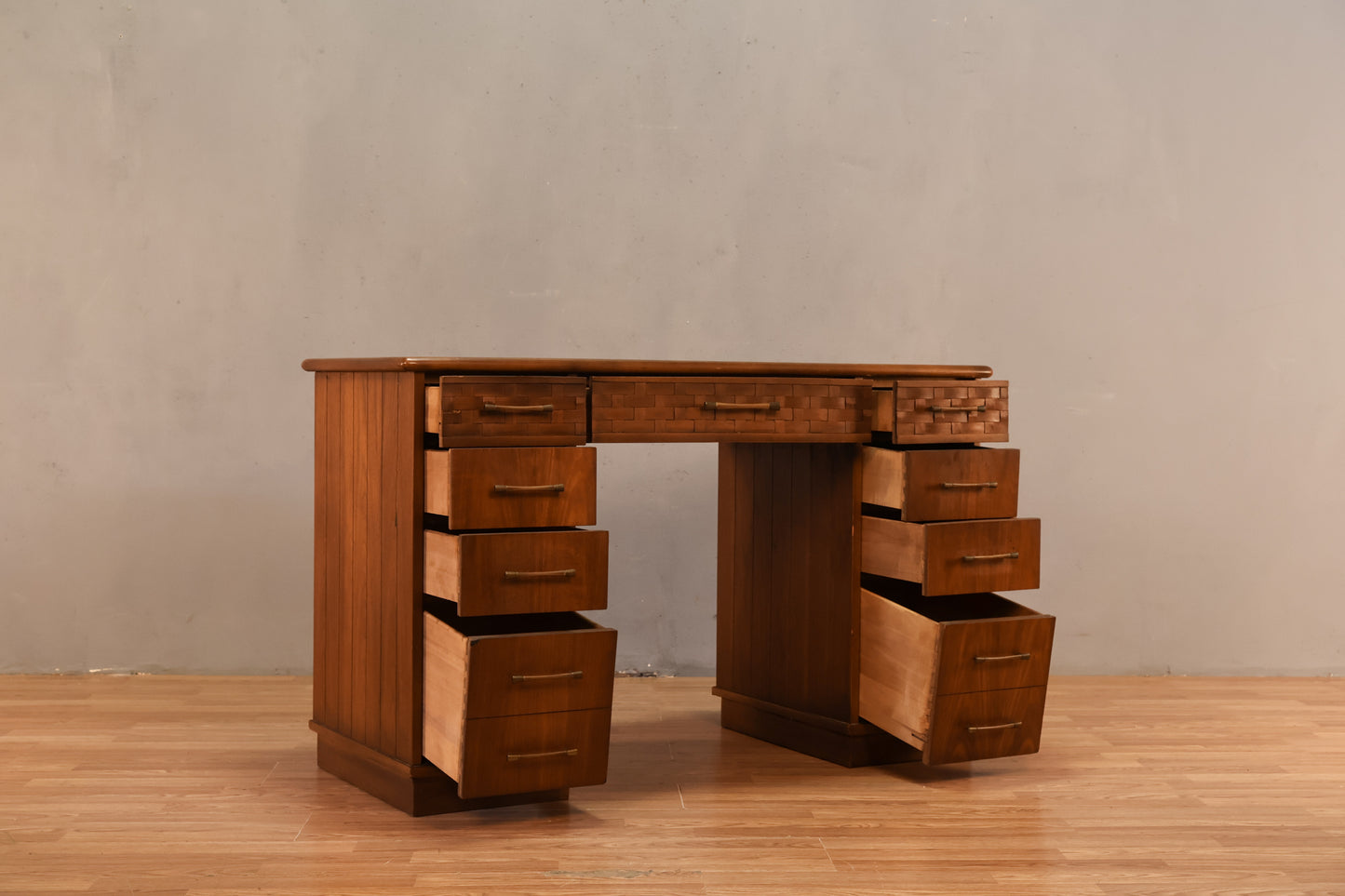 Mid Century Walnut & Lattice 9-Drawer Desk