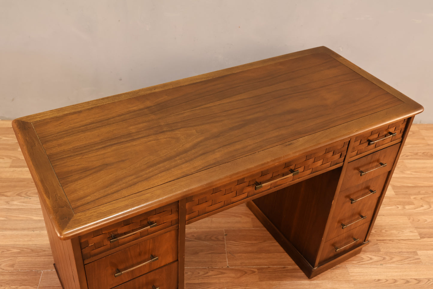 Mid Century Walnut & Lattice 9-Drawer Desk