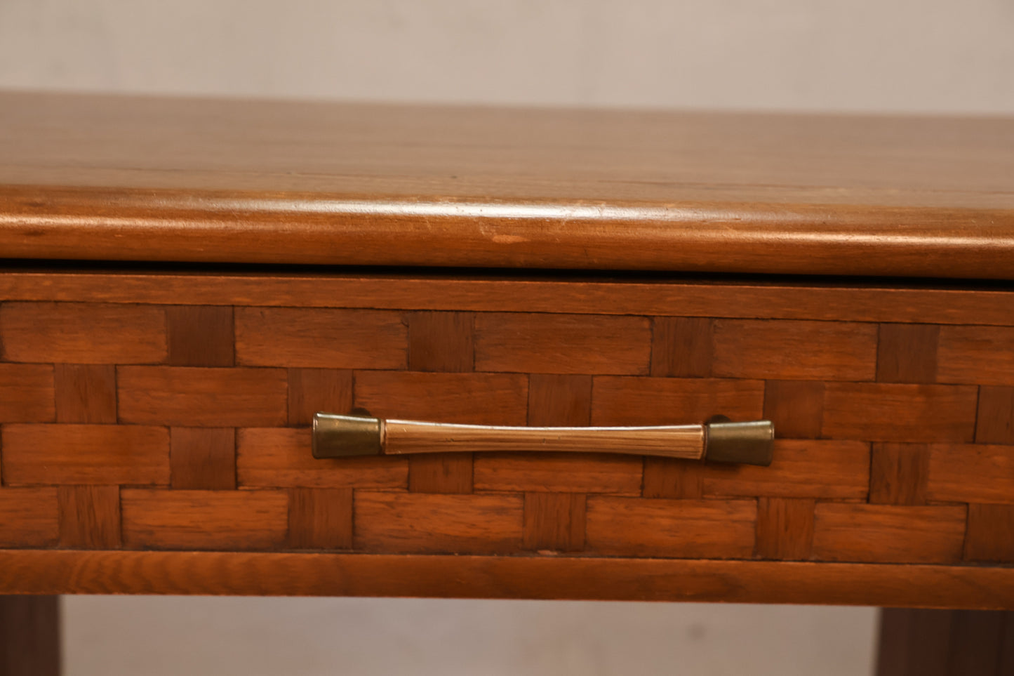 Mid Century Walnut & Lattice 9-Drawer Desk