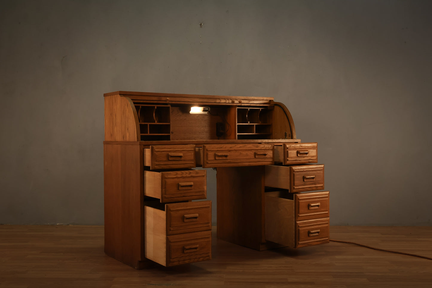 Oak Roll-Top 7-Drawer Illuminated Desk - ONLINE ONLY