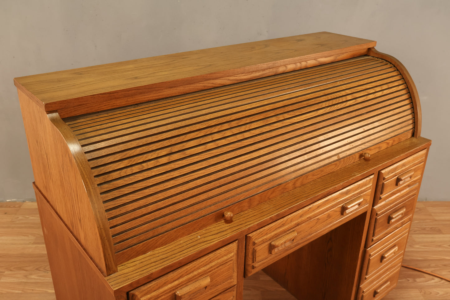 Oak Roll-Top 7-Drawer Illuminated Desk - ONLINE ONLY